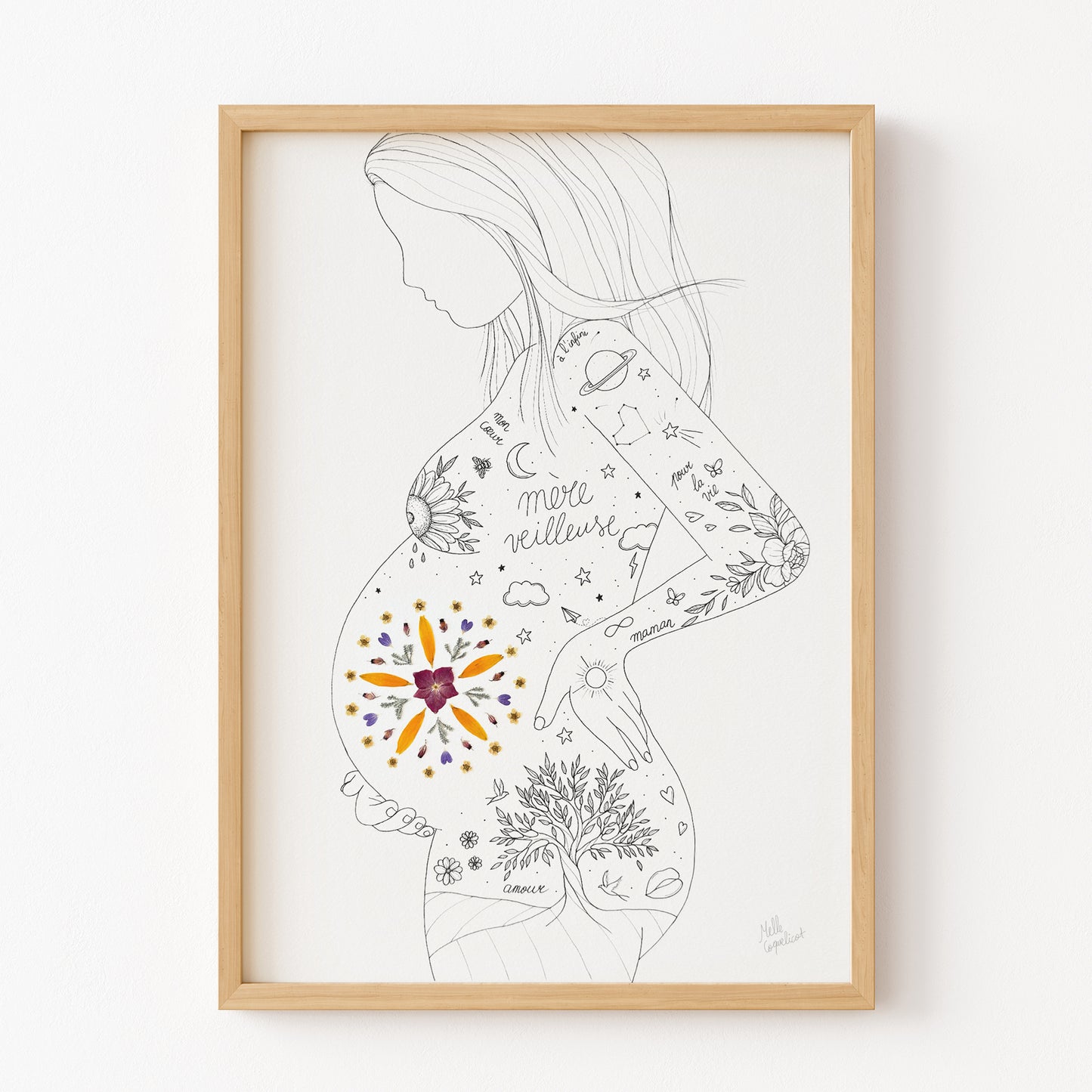 Affiche maternité "Mère-Veilleuse", Mandala herbier de fleurs séchées