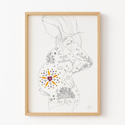 Affiche maternité "Mère-Veilleuse", Mandala herbier de fleurs séchées