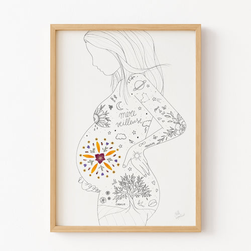 Affiche maternité "Mère-Veilleuse", Mandala herbier de fleurs séchées