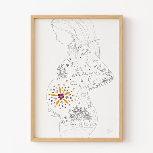 Affiche maternité "Mère-Veilleuse", Mandala herbier de fleurs séchées