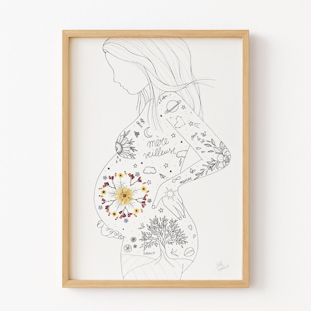 Affiche maternité "Mère-Veilleuse" – Mandala herbier de fleurs séchées