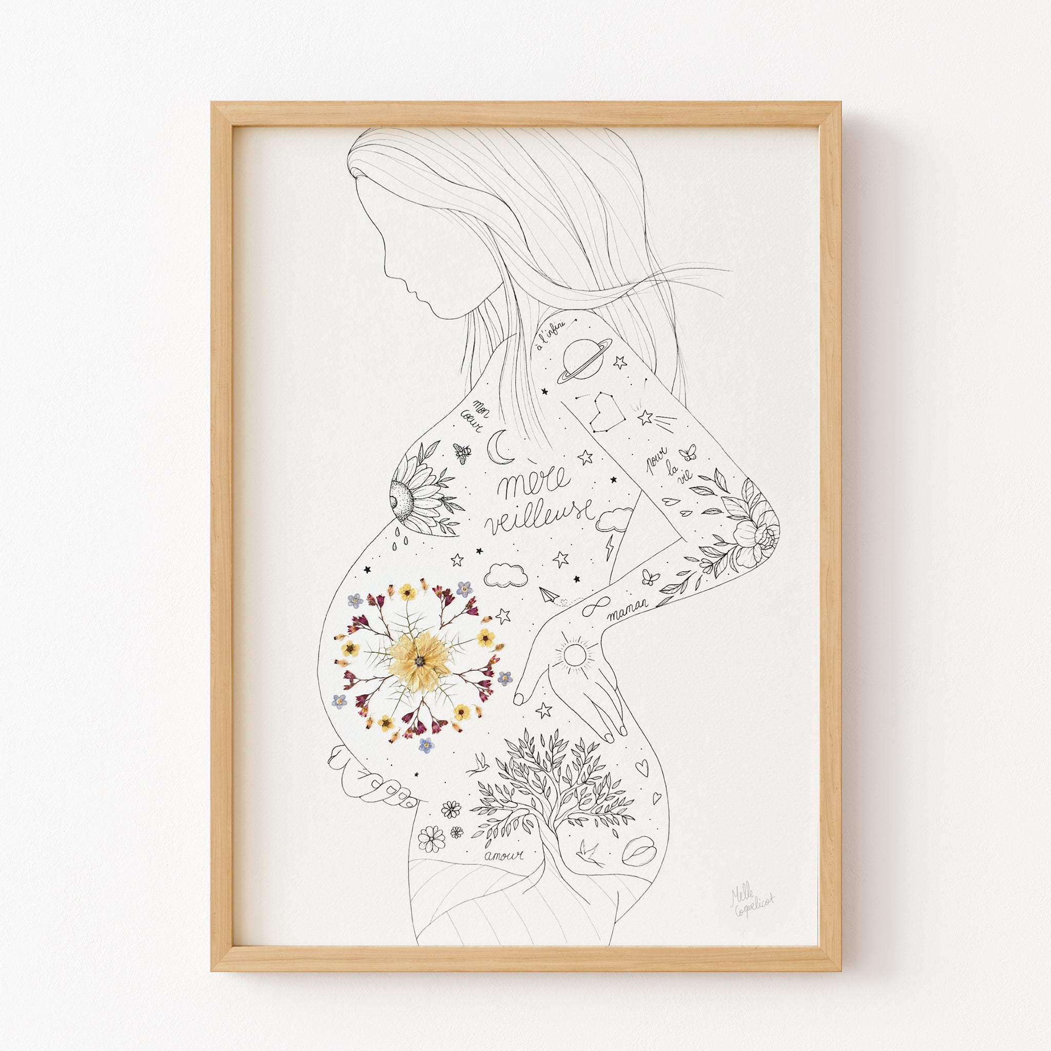 Affiche maternité "Mère-Veilleuse" – Mandala herbier de fleurs séchées