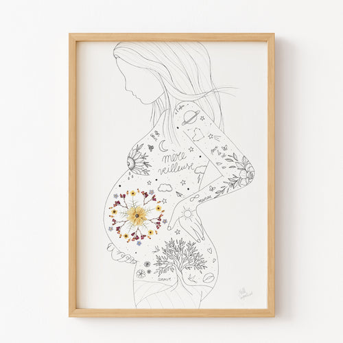Affiche maternité "Mère-Veilleuse" – Mandala herbier de fleurs séchées