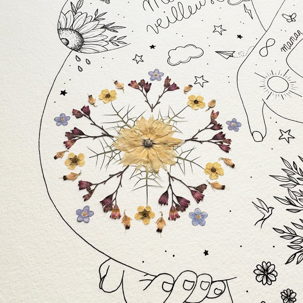 Affiche maternité "Mère-Veilleuse" – Mandala herbier de fleurs séchées
