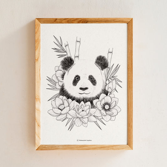 Affiche Panda et fleurs de lotus